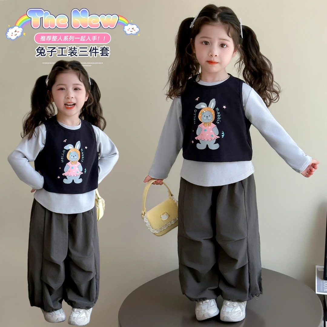 女童卡通工装裤套装洋气儿童春秋季新款女宝宝休闲两件套小女孩潮