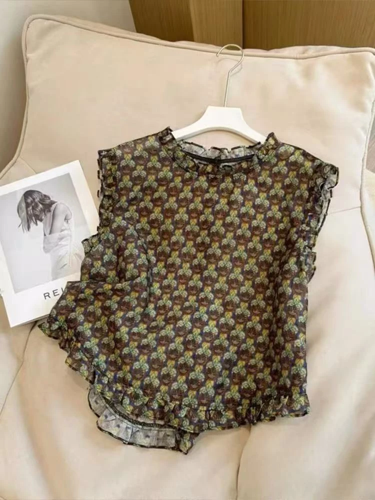 2025夏季新款法式复古碎花气质圆领无袖衬衫女木耳边减龄小衫上衣