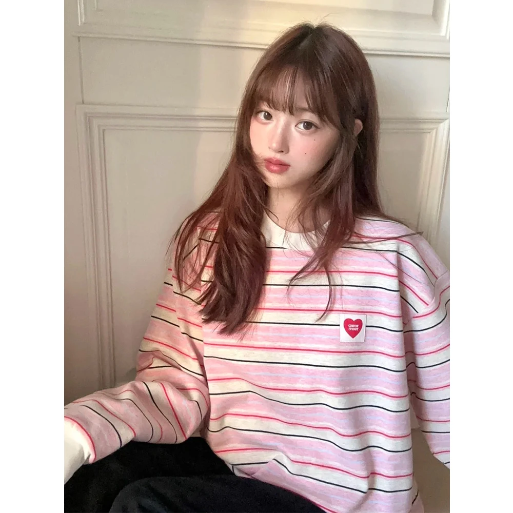 韩系简约条纹印花长袖上衣女秋季百搭圆领ins学院风甜美时尚上衣