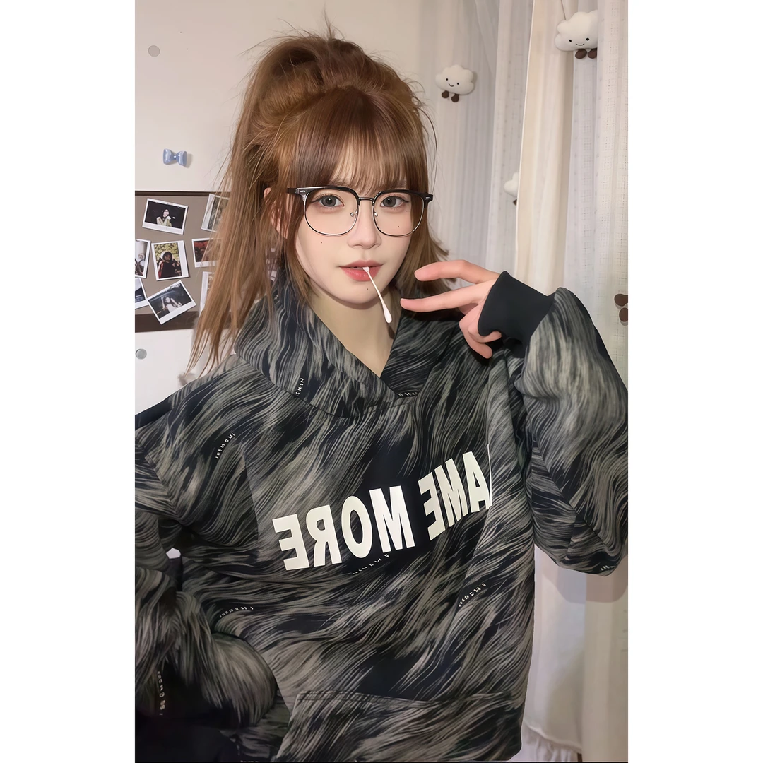 460G炫染美式街头潮牌高街高级感痞帅嘻哈宽松加绒加厚连帽卫衣男