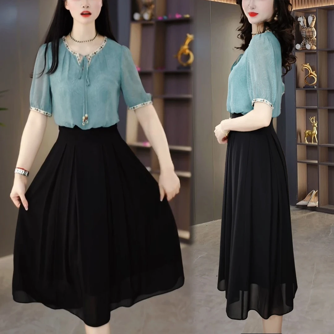 2025夏新款拼接假两件套显瘦连衣裙女时尚气质短袖法式中长款裙子