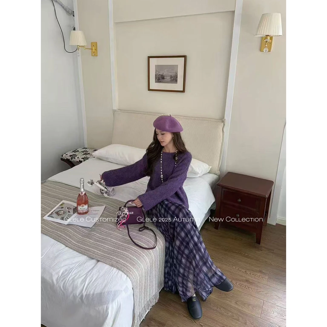 Glele私服「美学格格裙」复古游牧风撞色格纹压褶A字大摆半身裙