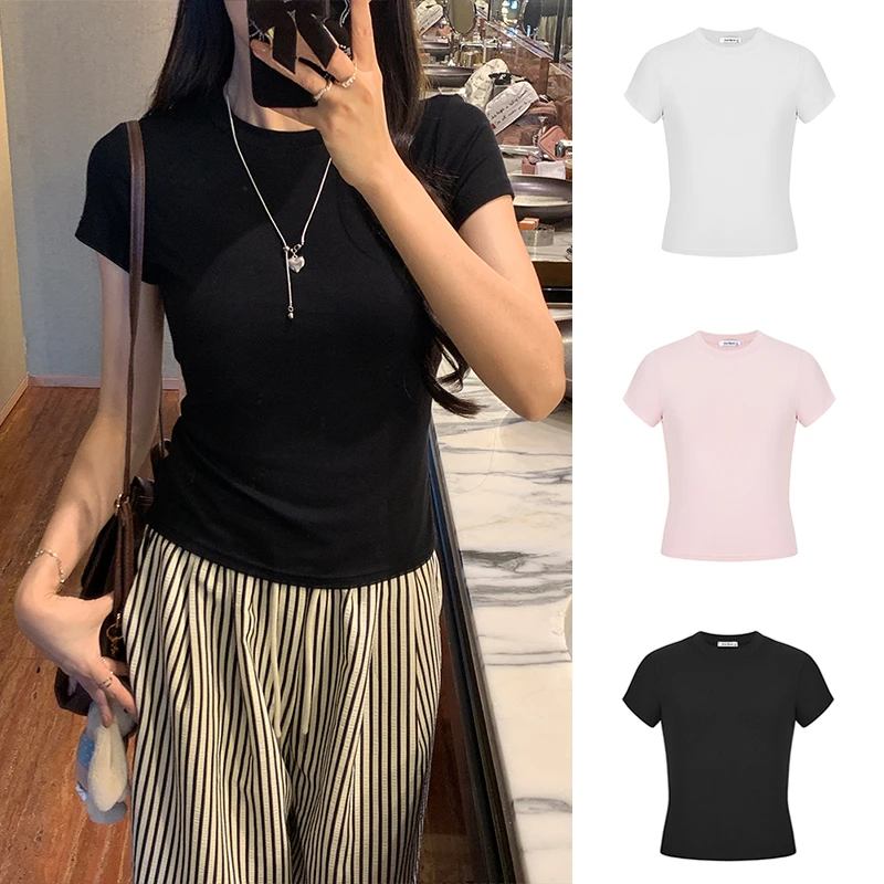 Moses Queen/魔西女王纯欲辣妹圆领罗纹修身显瘦正肩短袖T恤上衣