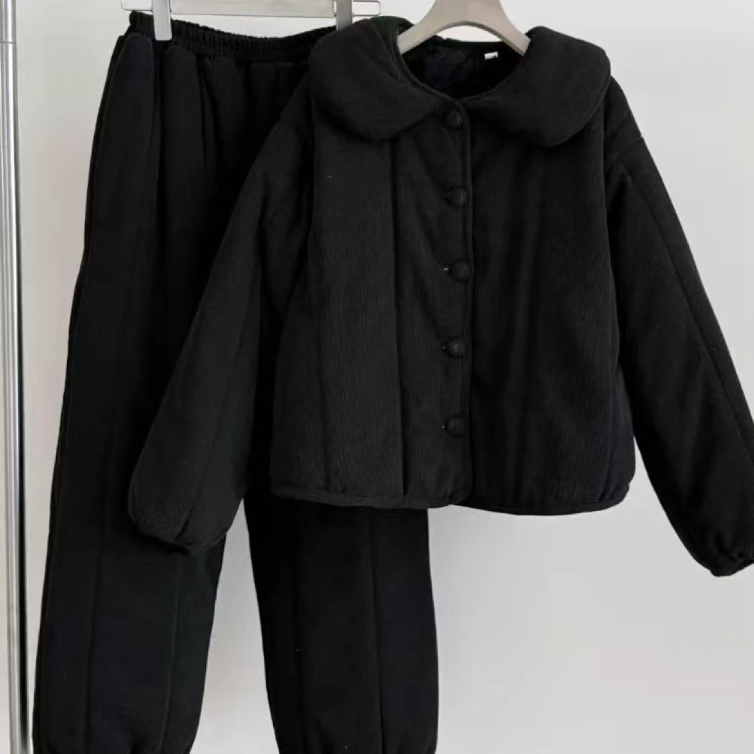 冬季三层夹棉加厚加绒娃娃领女士宽松可外穿睡衣家居服