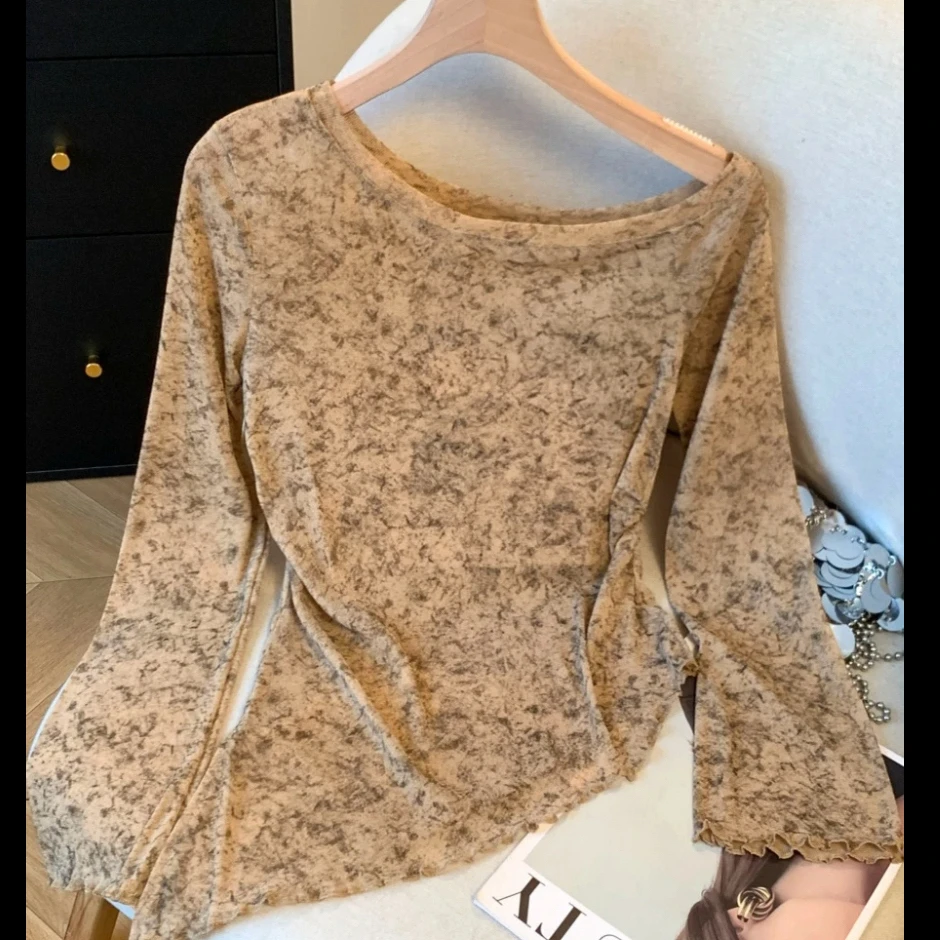 2025早秋新款法式晕染花朵斜领不规则下摆长袖网纱上衣女小衫