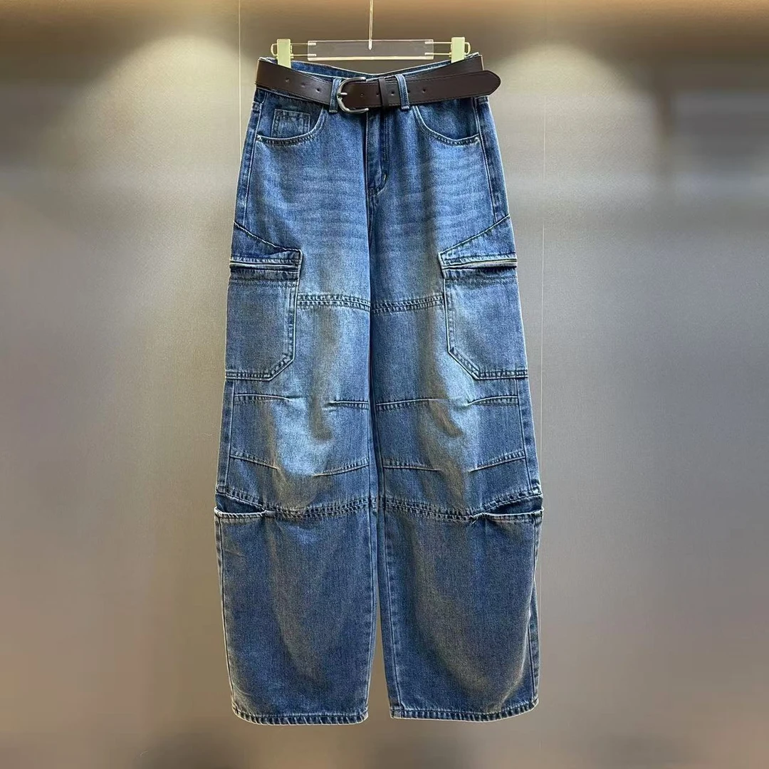 【NN+】潮流拼接线条休闲宽松时尚百搭直筒牛仔裤