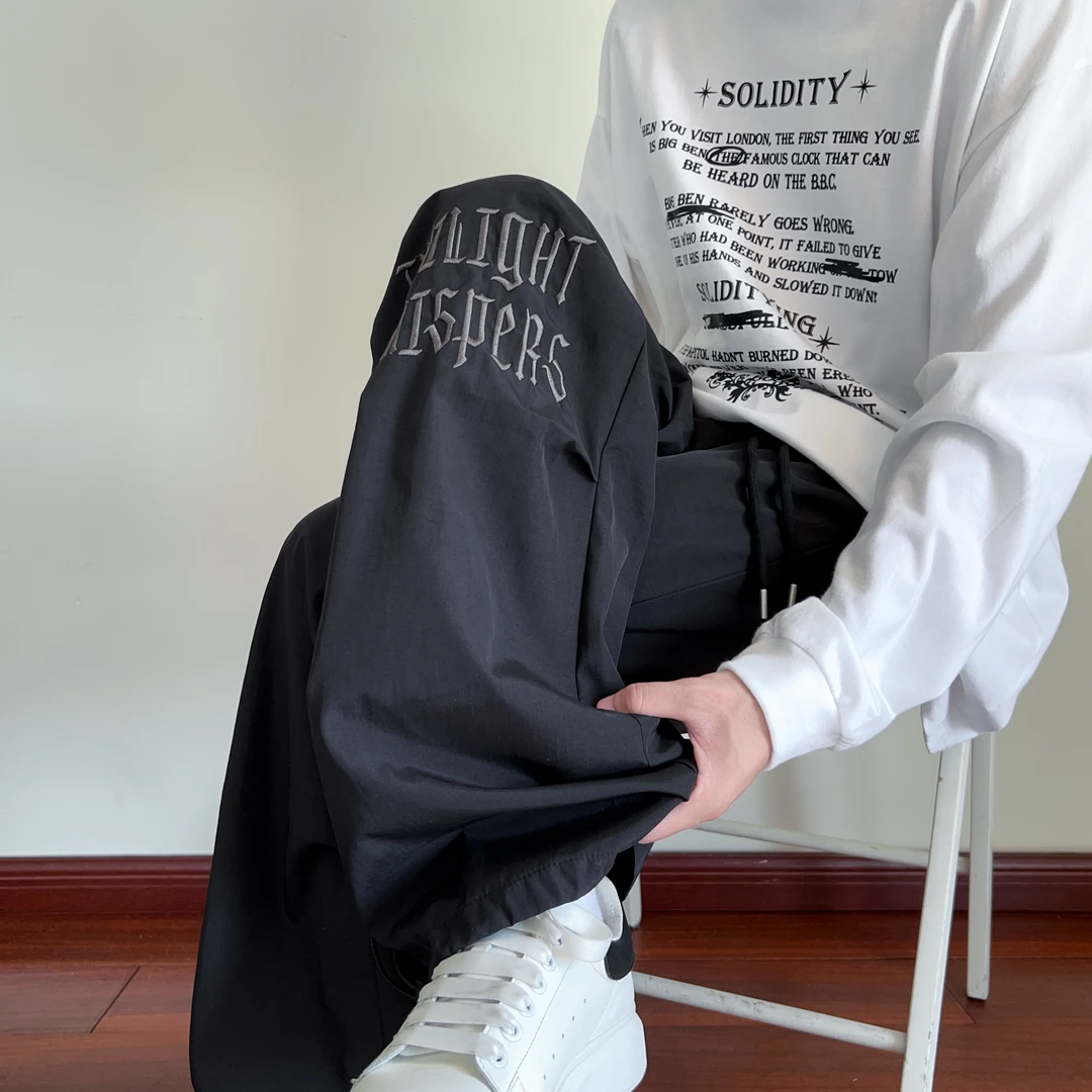 刺绣工装休闲裤男夏季新款褶皱垂感长裤潮流百搭ins高街复古长裤