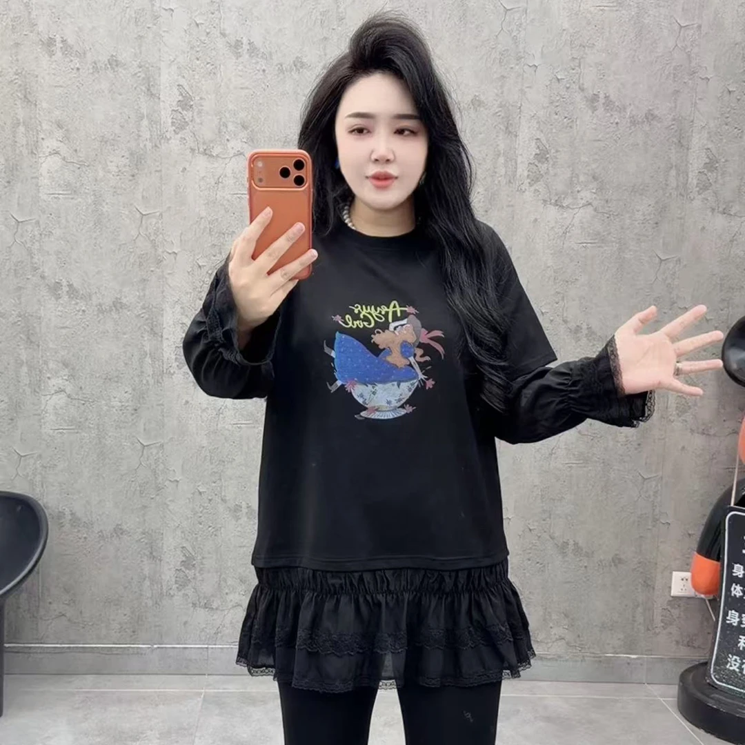 时尚百搭卡通印花拼接蕾丝打底T恤
