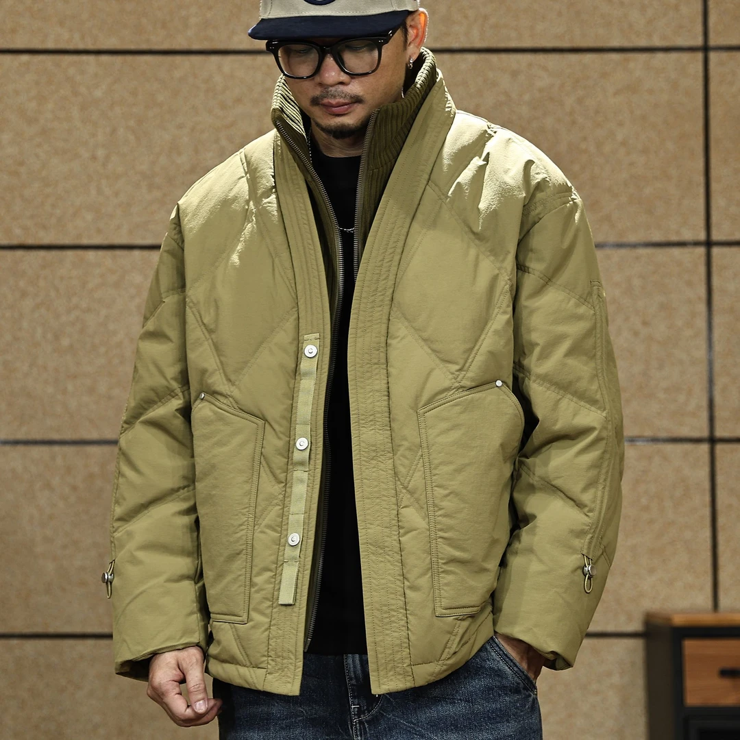 假两件菱形格轻薄羽绒服男士冬季潮牌季翻领排扣保暖防寒服外套男