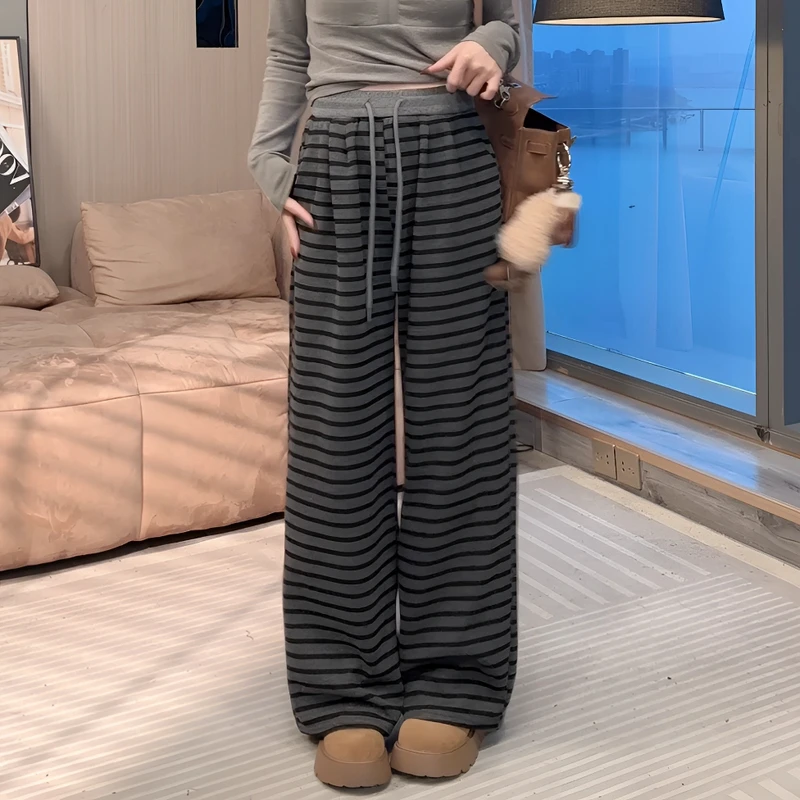 A春季新款休闲条纹高腰气质阔腿裤显瘦百搭松紧腰休闲长裤1055