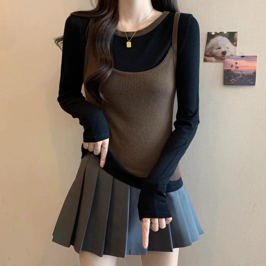2025早春新款韩版减龄修身两件套女叠穿针织吊带+打底针织衫套装