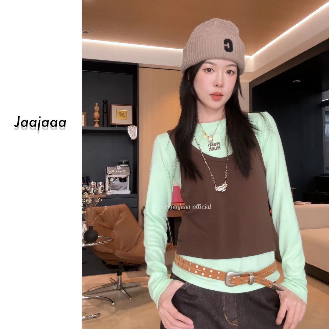 Jaajaaa了了清秋 时尚小众原创撞色长袖真两件百搭套装/EXHCC