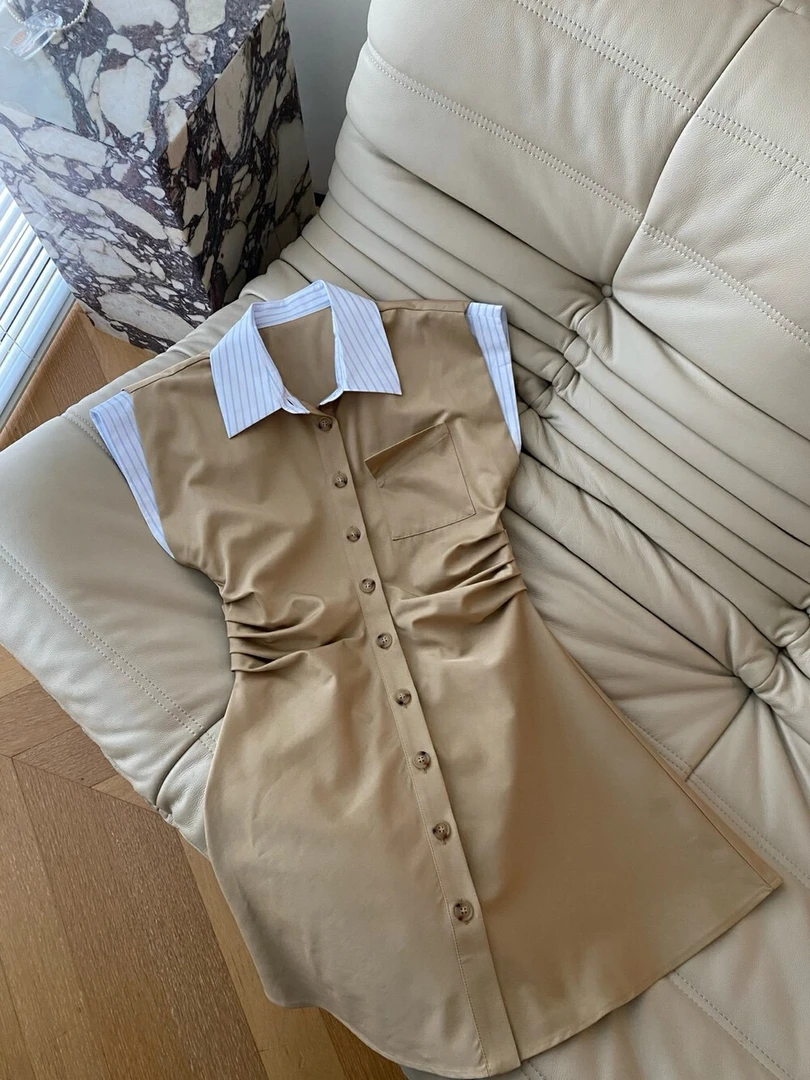 小众设计感翻领无袖褶皱收腰风衣连衣裙中长