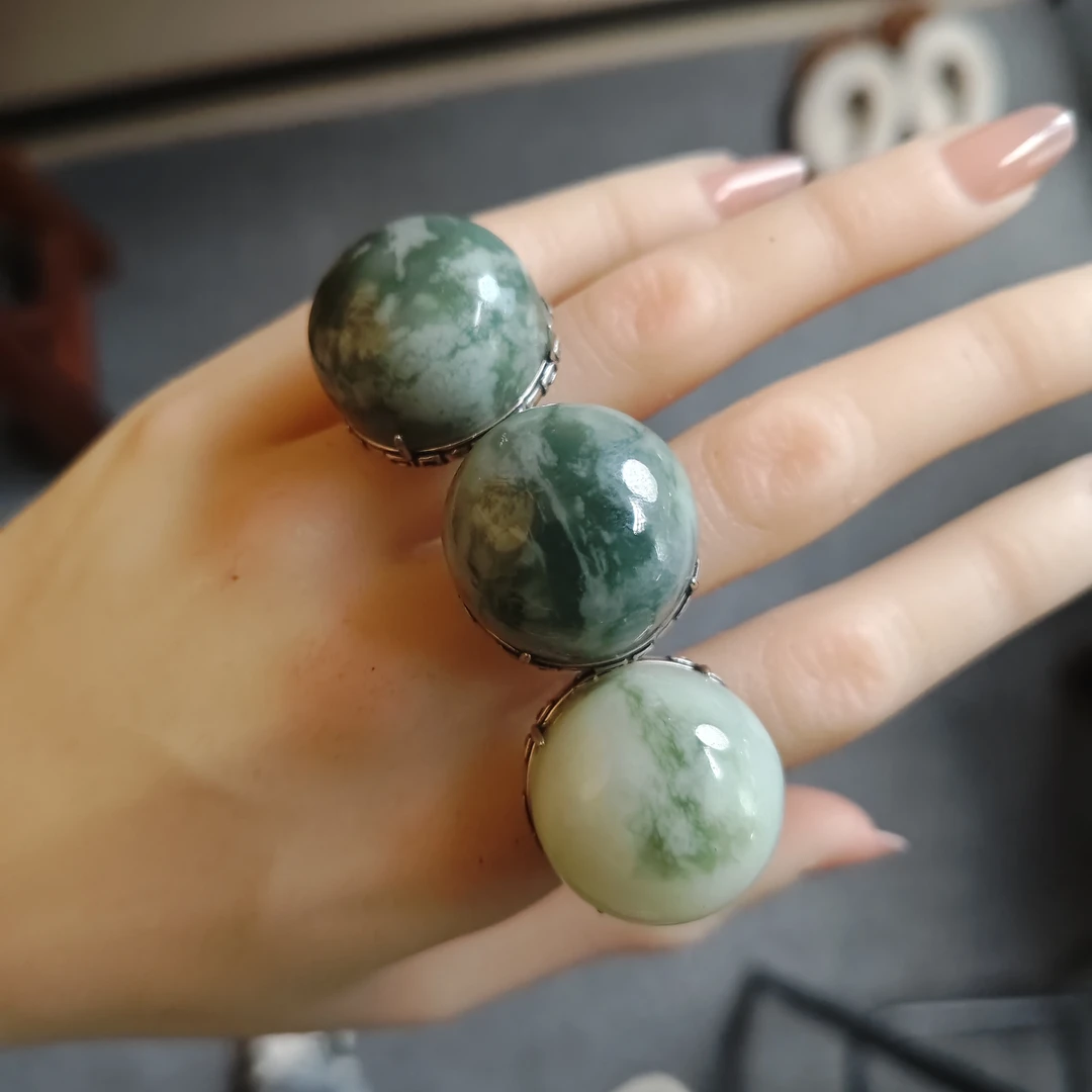 [00122]天然岫玉翠玉蛋面s925银镶嵌戒指开口戒多样性发其一（圆）