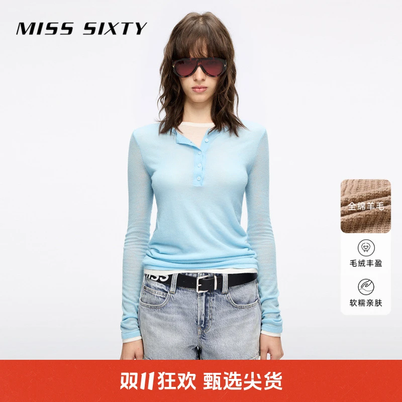 Miss Sixty2025秋季新款针织衫女亨利领羊毛假两件叠穿薄款上衣