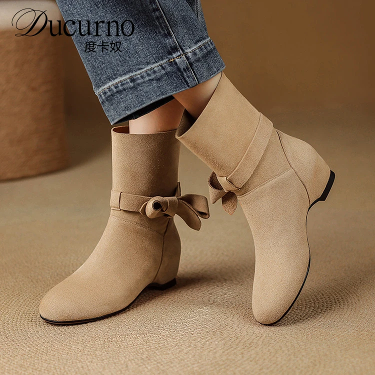 DUCURNO蝴蝶结绑带内增高显脚小马丁靴女圆头套筒瘦瘦靴时尚短靴