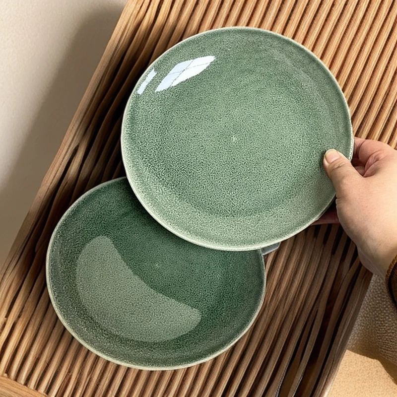 新款正品复古简约绿色陶瓷菜盘家用圆形沙拉水果餐盘辣3707小盘