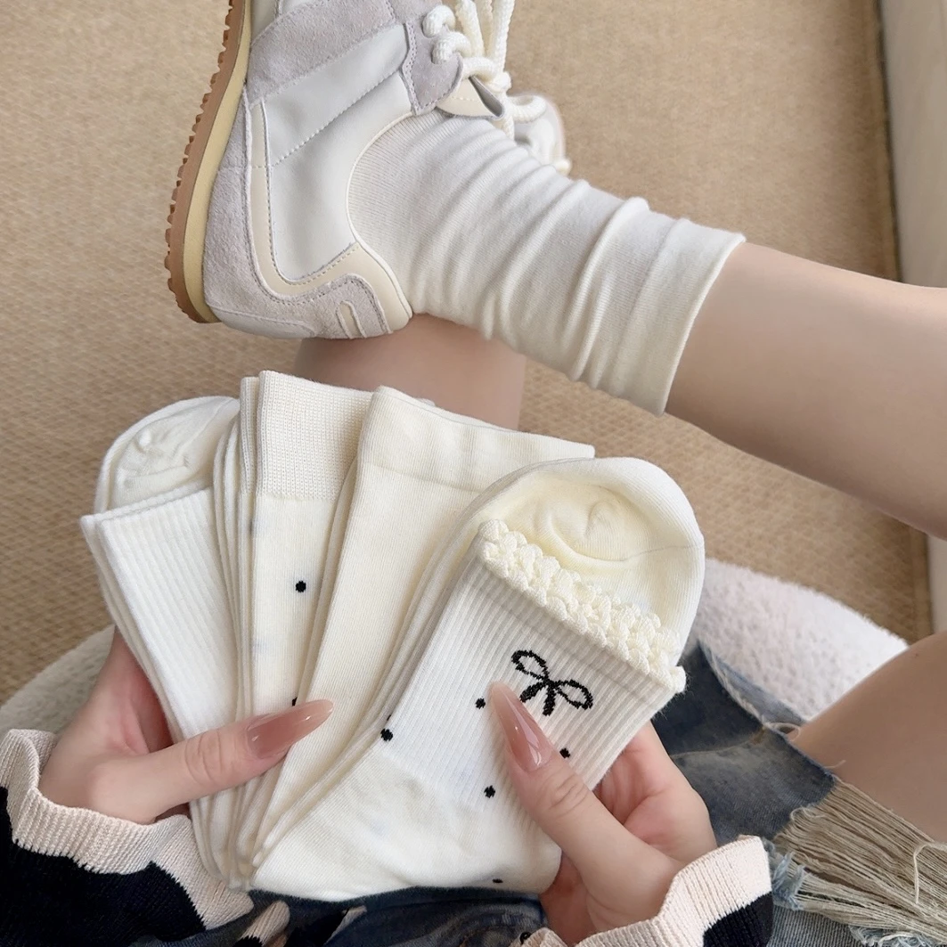 8花边中筒袜纯色日式秋季极简风女袜学生袜薄款袜子月子袜