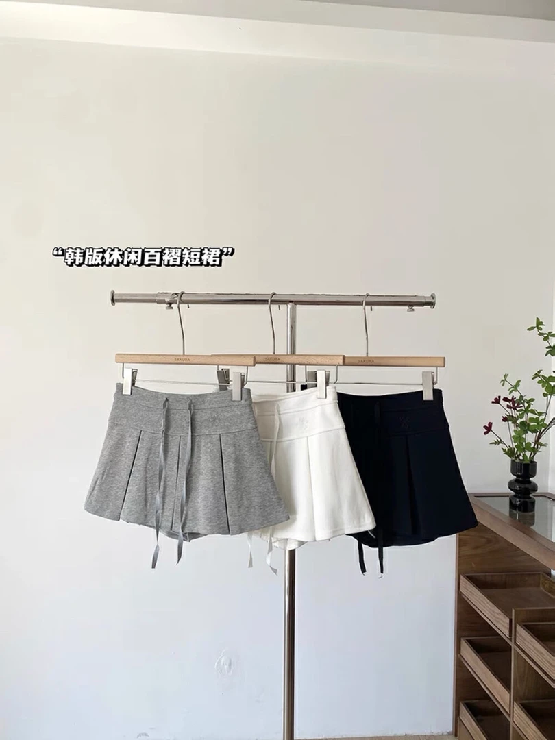 （海狮）夏季新款抽绳纯色百褶半身裙女小个子显瘦A字短裙裤
