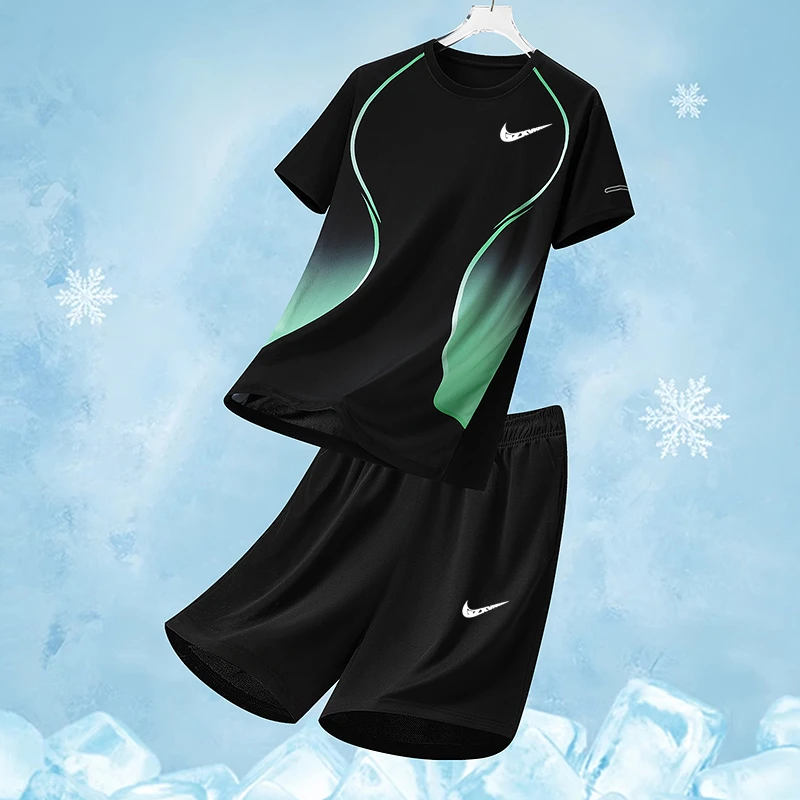 折扣品牌运动套装冰丝宽松快干运动夏季跑步圆领夏干爽运动服