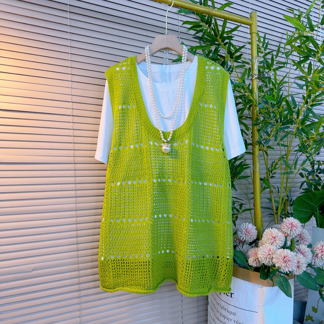 1748胖mm欧货韩系宽松慵懒风纯色镂空针织马甲叠加短袖衫两件套