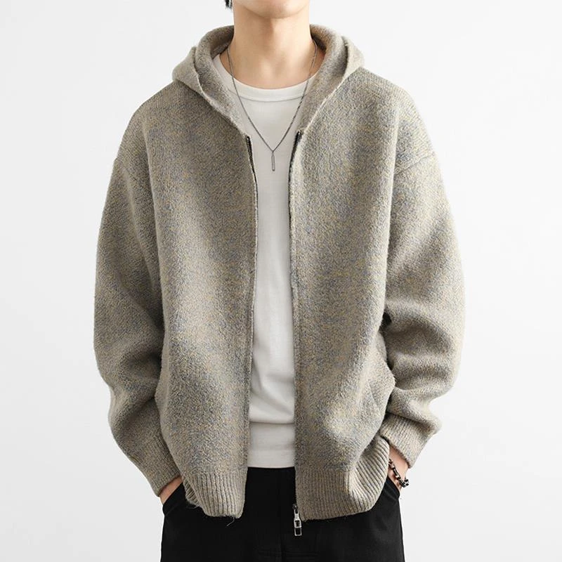 2025外套男春秋款高级感潮牌简约百搭拉炼炼开衫毛衣休闲连帽夹克