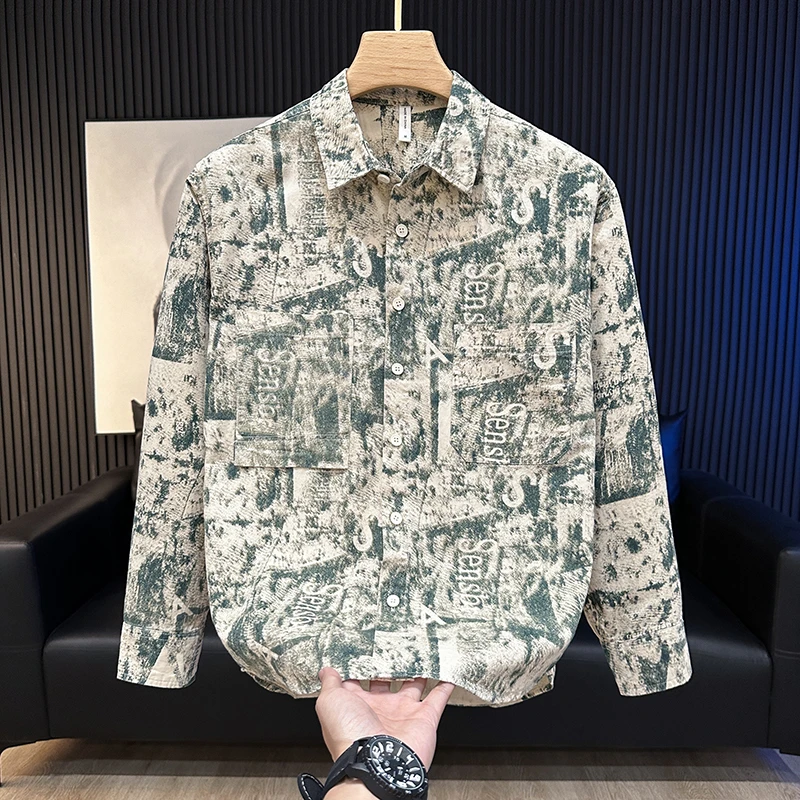 春秋季潮流印花长袖衬衫男宽松休闲时尚百搭纯棉翻领男装衬衣外套