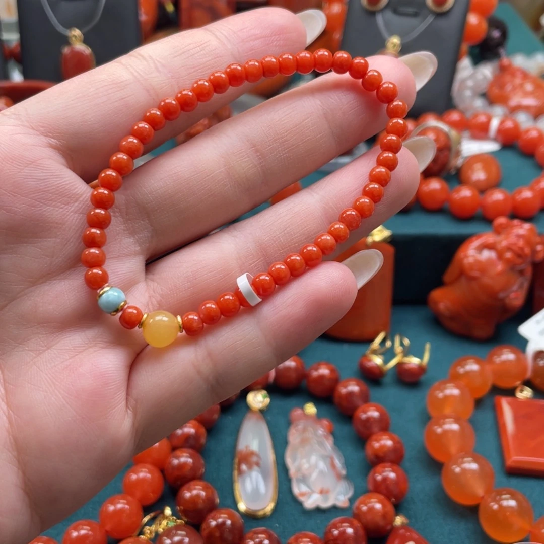 南红玛瑙银S925镶嵌川料南红满色满肉DIY老型单圈4mm