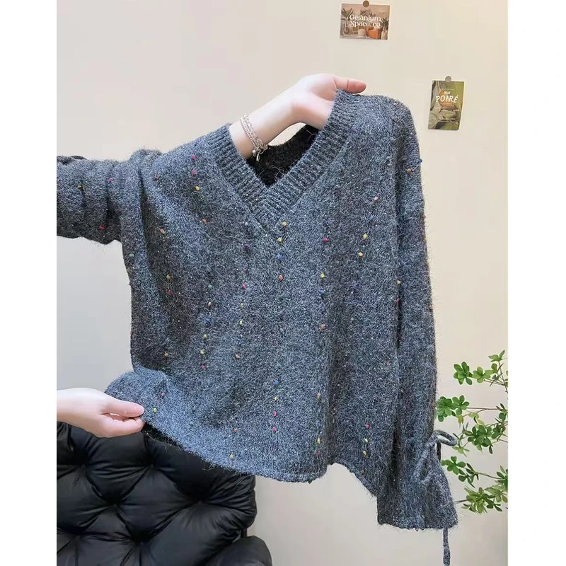 5474【星末】慵懒风宽松长袖毛针织衫百搭V领豆豆针织衫女