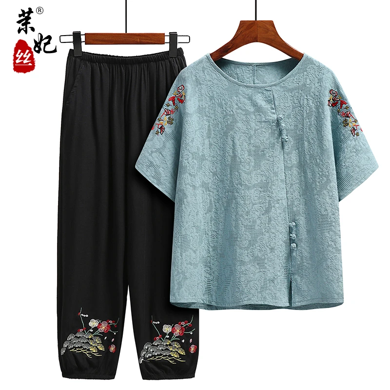 妈妈夏装中老年套装奶奶短袖洋气上衣夏季绣花妈妈装大码老人衣服