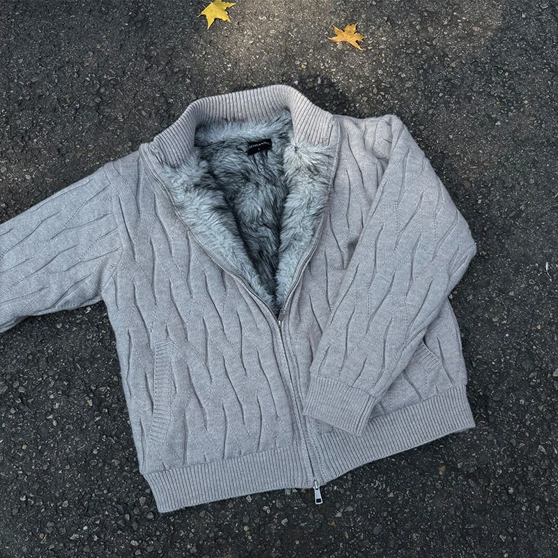 灰色荆棘绞花针织衫毛衣男冬季高级感狼王座山雕美式复古保暖外套