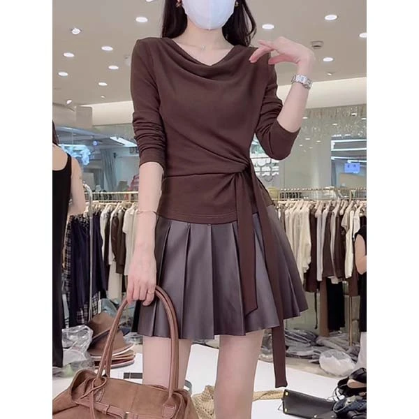 MISU/糜素高级感荡领长袖t恤女25秋时尚气质洋气减龄系带收腰上衣