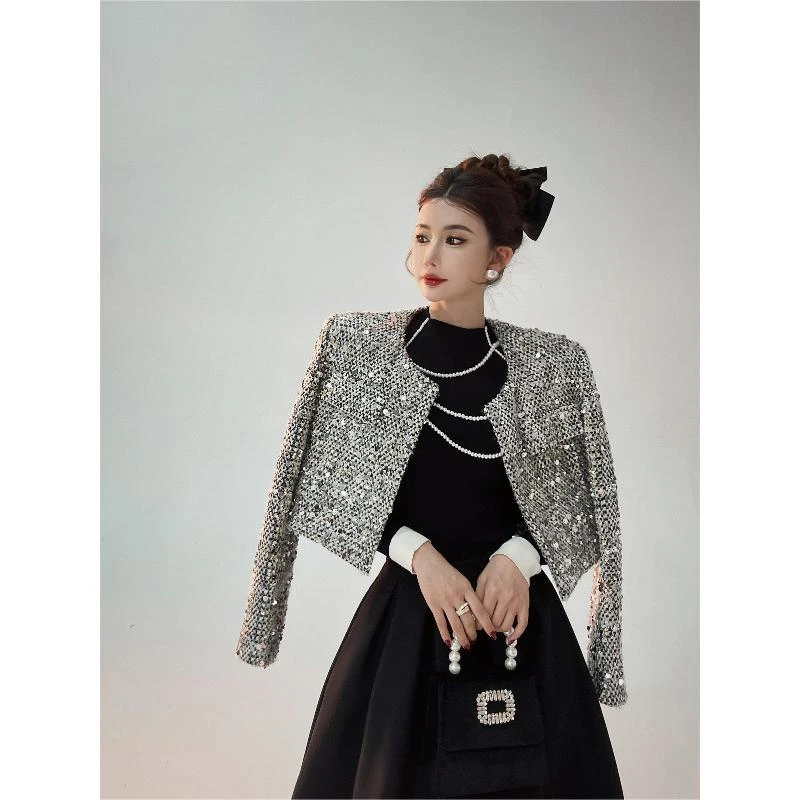 婉君【碎闪小香】法式粗花尼复古小香风长袖短外套LWJ24A1C078