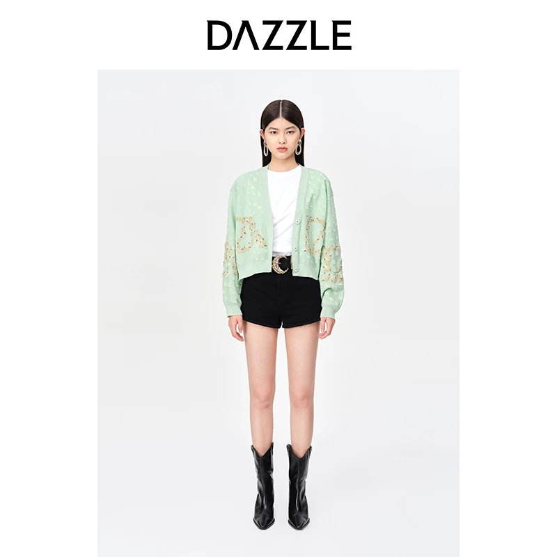 【赵老板专属】DAZZLE地素秋季绿色刺绣提花针织开衫毛衣女2E3E550