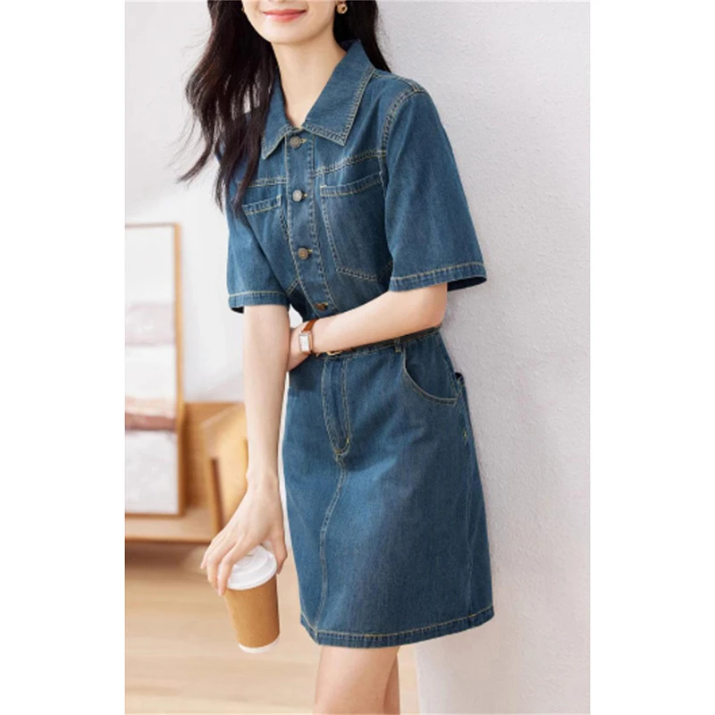 复古深蓝色短袖牛仔连衣裙新款夏季时尚气质小香风收腰显瘦短裙子