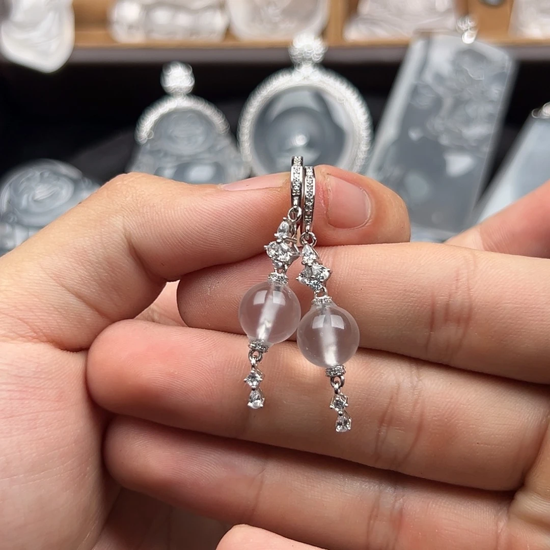 石英质玉银S925镀金镶嵌颈饰黑钢珠子耳坠