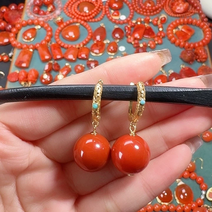 南红玛瑙银S925镶嵌14+耳饰高货