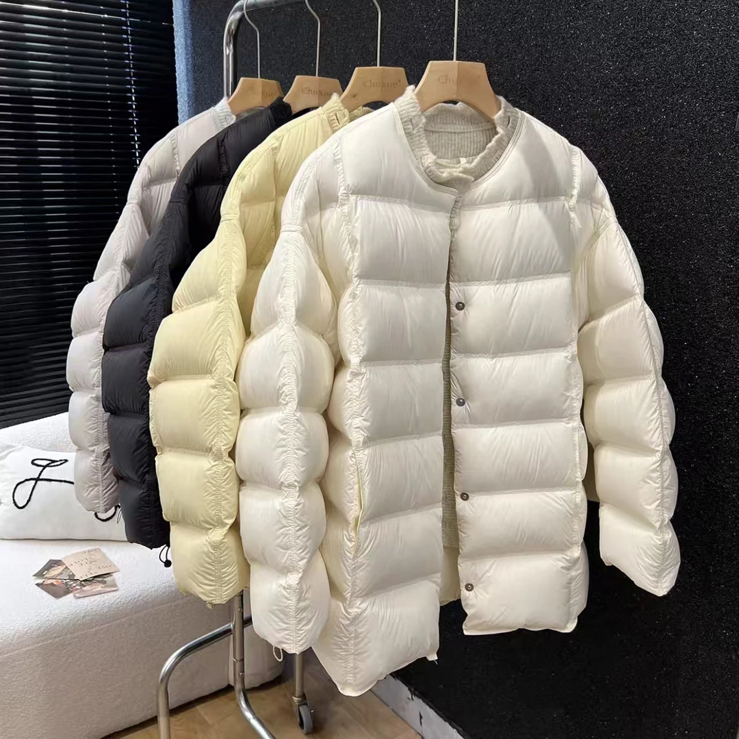 90新国标白鸭绒长袖圆领拼接方格翻领短款轻薄修身纯色时尚保暖