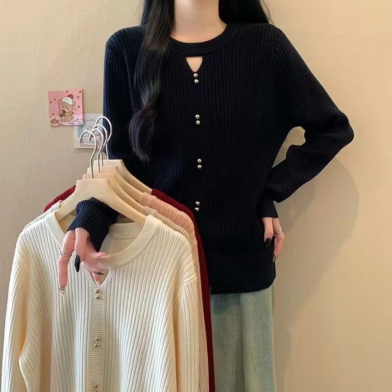 早春新款镂空显瘦套头款长袖毛针织衫女装时尚百搭韩版宽松显瘦