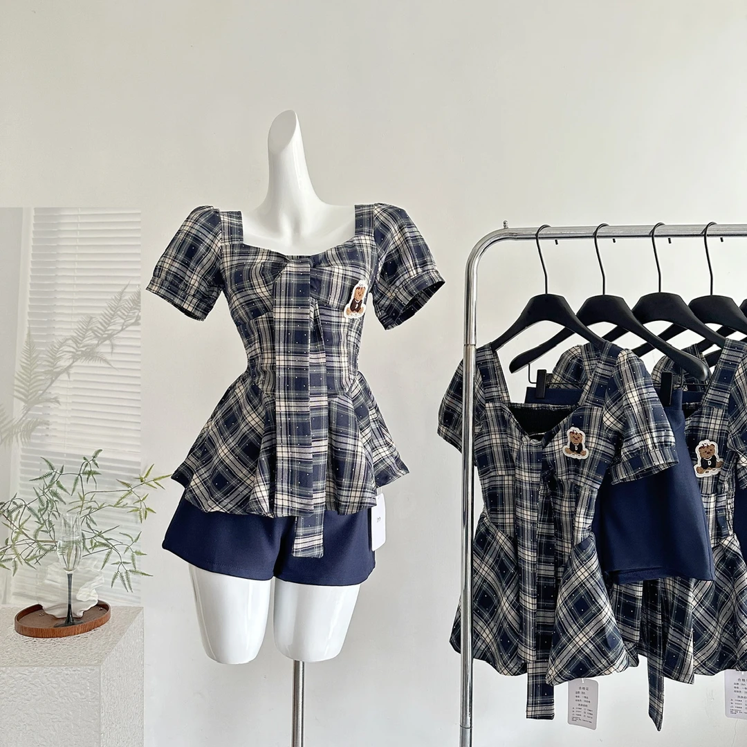 夏秋新款纯欲风套装格子上衣+裤子两件套显瘦气质辣妹装法式时尚
