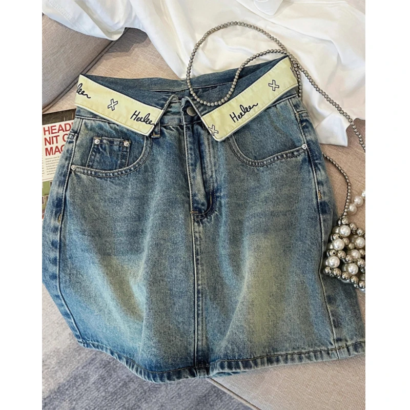 韩系辣妹牛仔半身裙女夏季设计感字母翻边高腰小个子包臀a字短裙