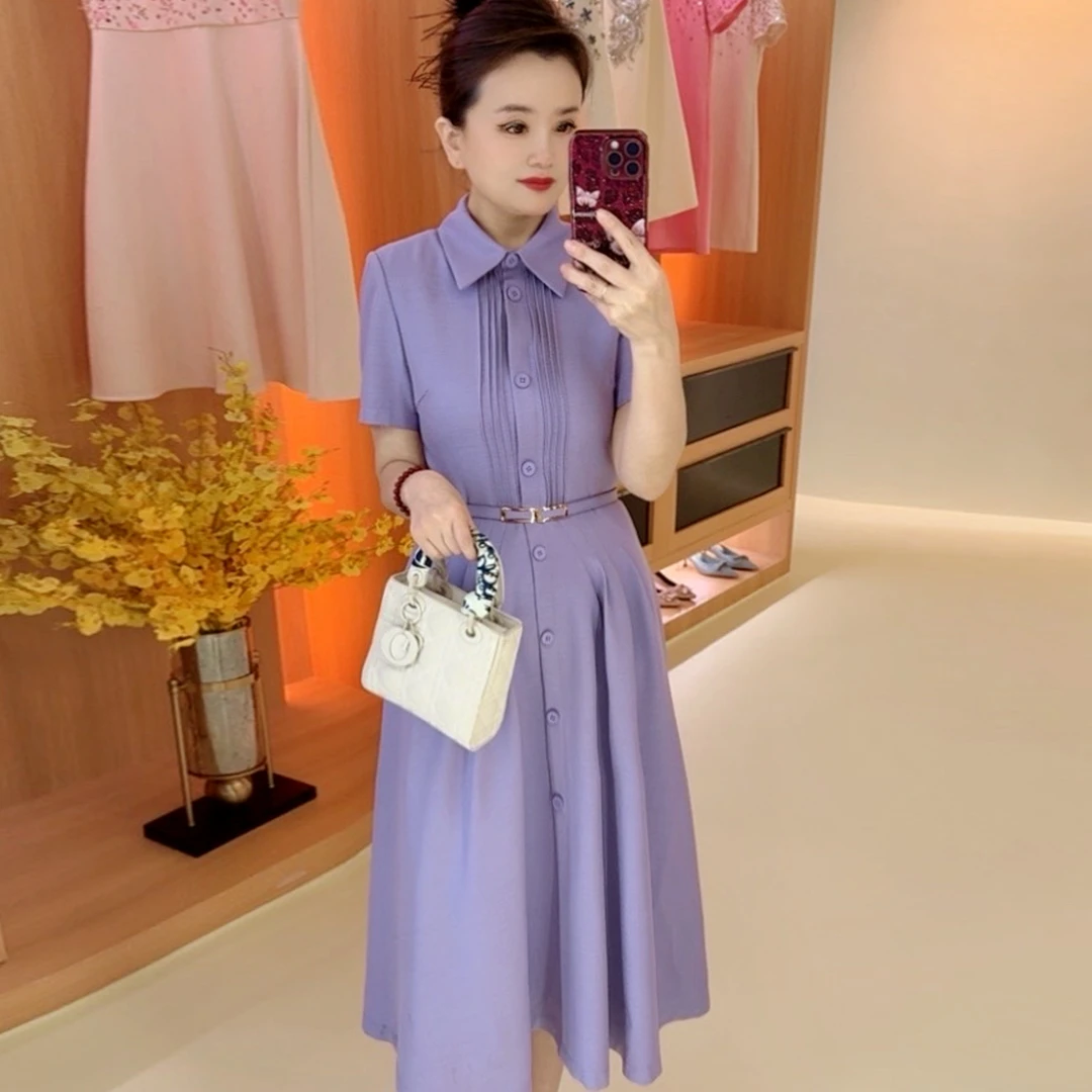 唯伊公馆夏季新款简约气质翻领女压褶设计收腰A摆短袖连衣裙98584