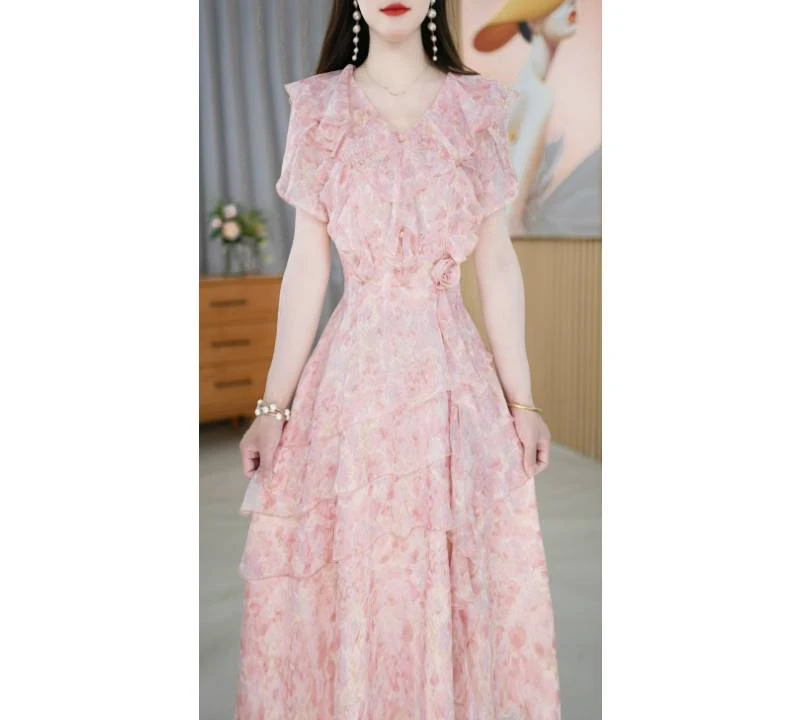 【连衣裙】夏季新款V领时尚中长款连衣裙M-4XL