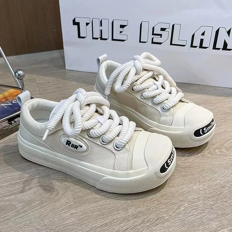 A71 米色开口笑帆布鞋女2024潮流百搭小白鞋休闲厚底学生板鞋