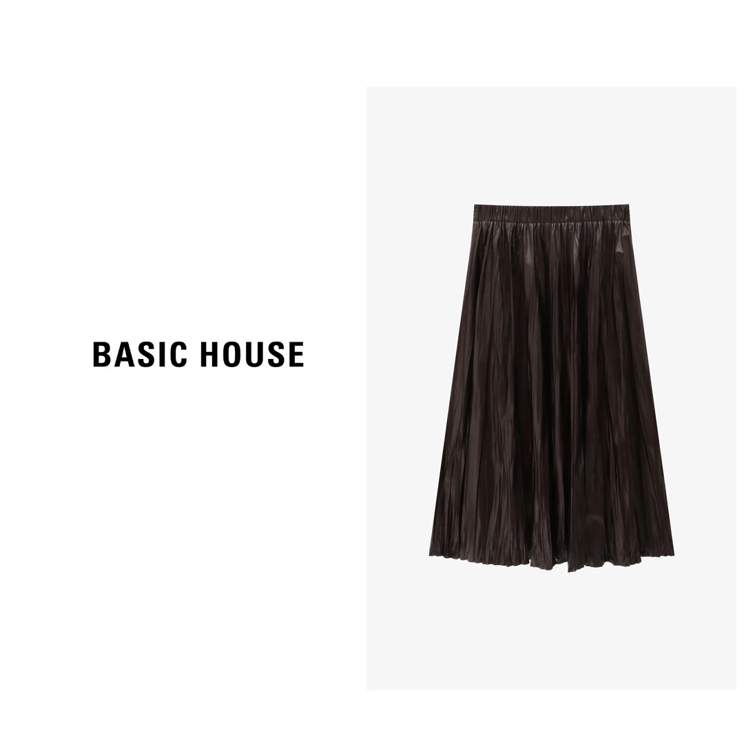 Basic House/百家好春季高腰休闲A字复古百褶半身裙-B0625H5B042