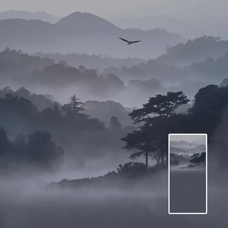 影楼国风亲子复古新中式水墨画写真拍照背景纸商拍山水摄影背景布