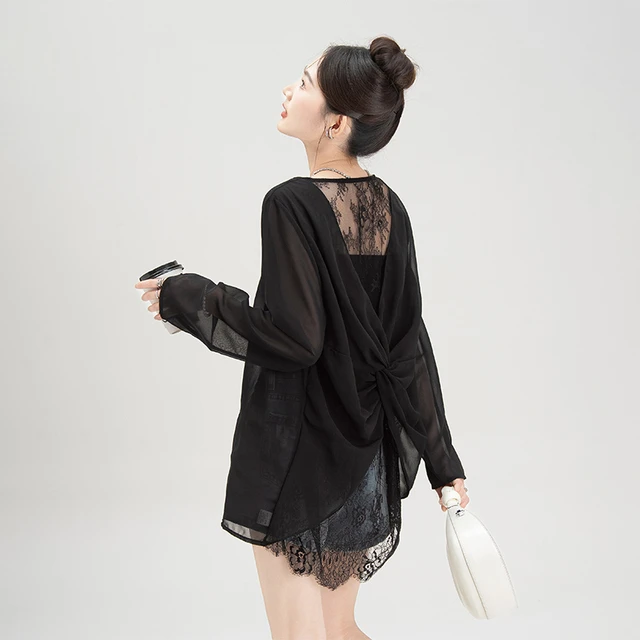 黑色蕾丝拼接假两件防晒罩衫女2025夏季新款宽松显瘦扭结薄纱上衣