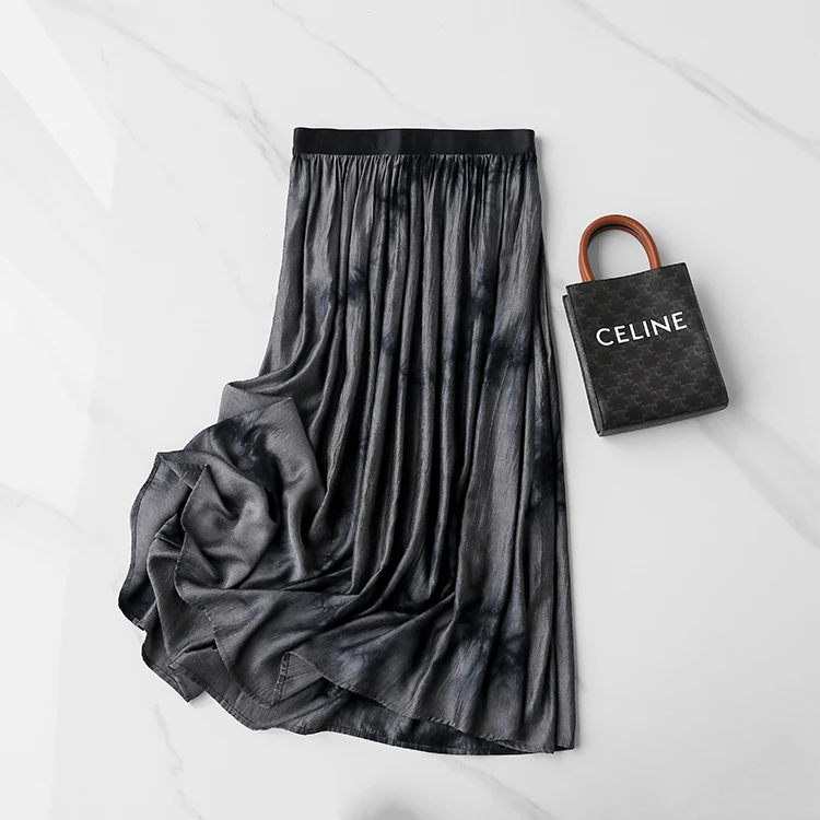 中式搭配救星！晕染水墨风 松紧腰显瘦A版轻薄半身裙裙子女春新款