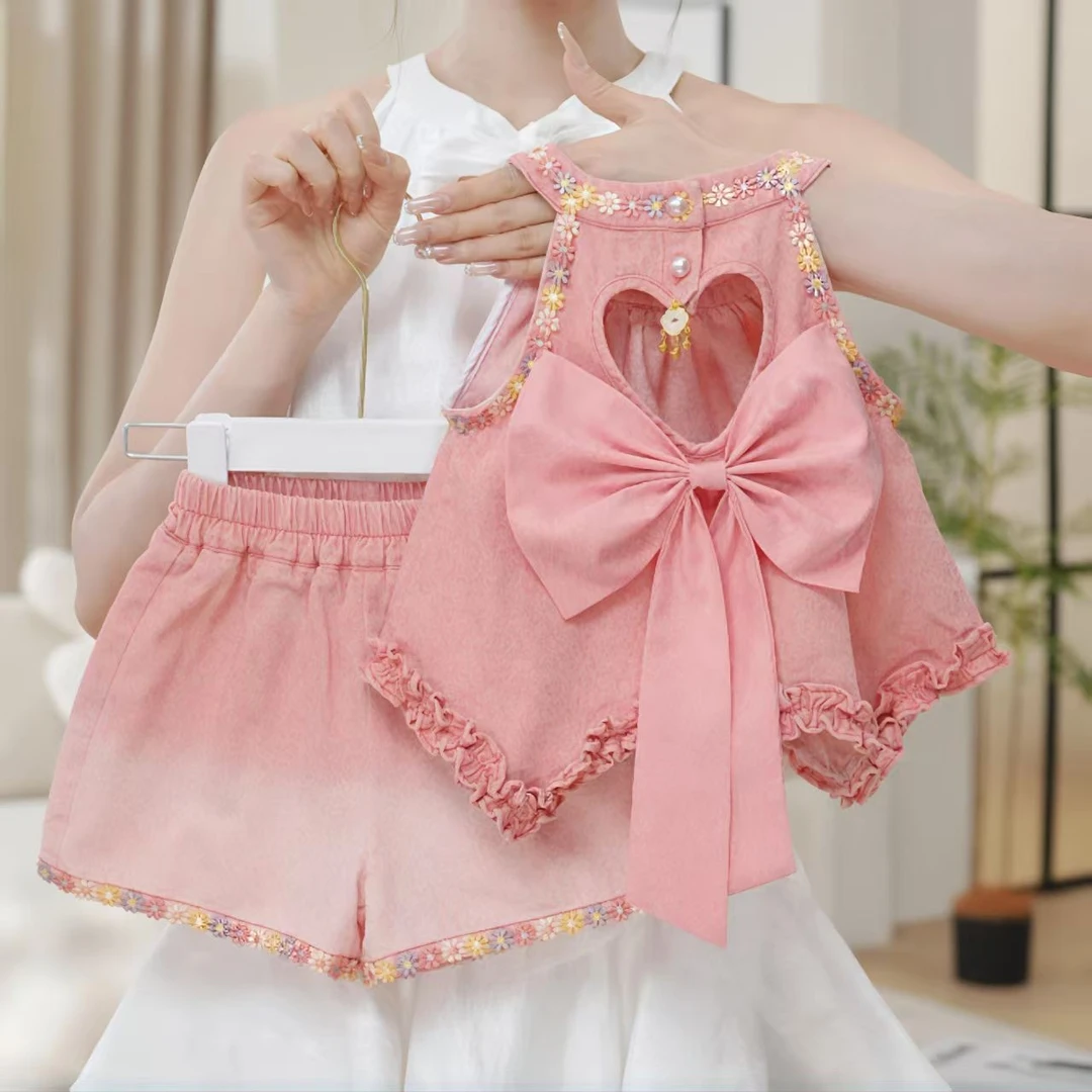 2025夏季套装新款女童洋气儿童夏装无袖蝴蝶结两件套背心短裤