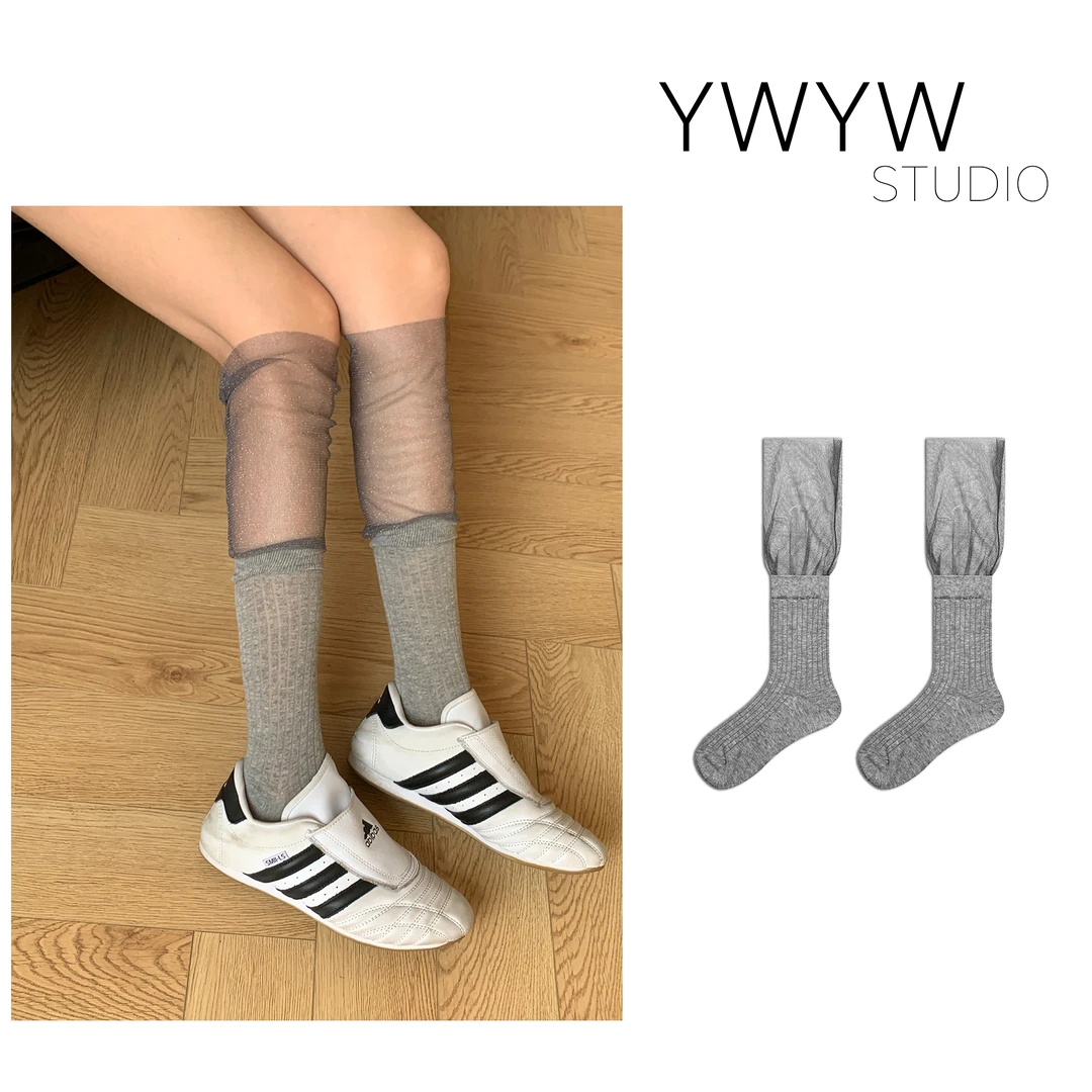 【YWYW时尚配饰系列】春夏百搭纯色网纱拼接螺纹直筒长袜FS50